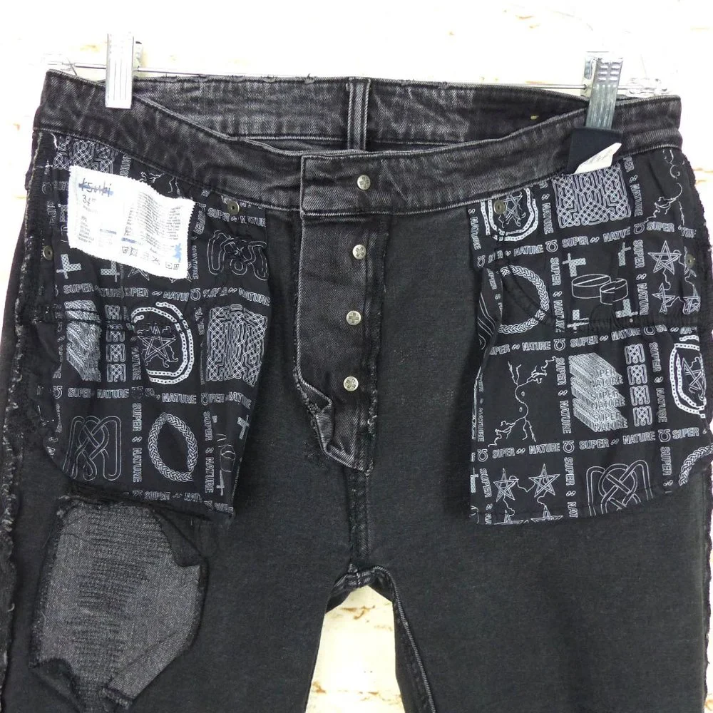 Ksubi Mens 34X32 Van Winkle Hazlow Angst Trashed Jeans Black Button Fly Grunge